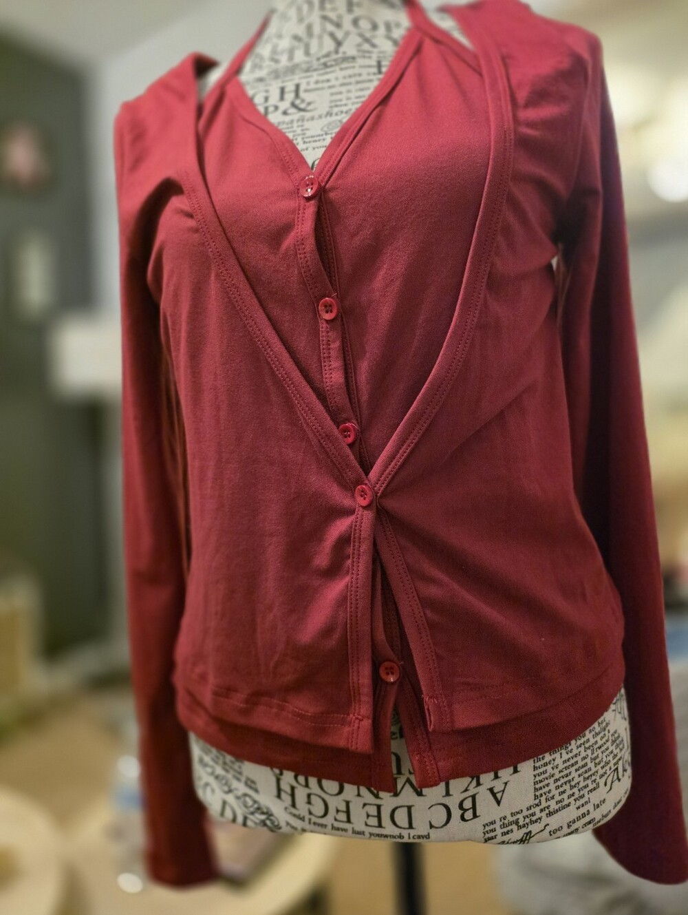 Red Button-Front Long Sleeve Cardigan
